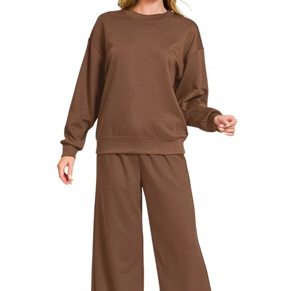 Zenana Scuba Crewneck Pullover and Pants Set - Picture 1 of 3